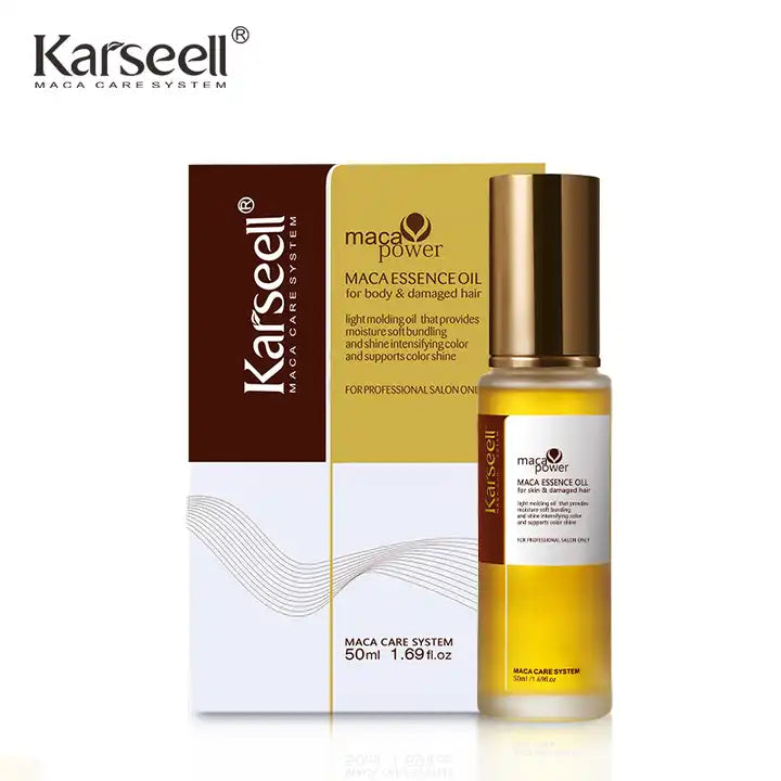 Karseell Maca Essence Oil 50ml bottle with dropper, showcasing a translucent golden oil against a clean white background