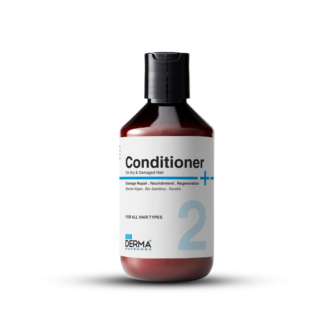 101 Derma Conditioner for Dry & Damaged Hair in a white bottle with a pump, set against a soft background.