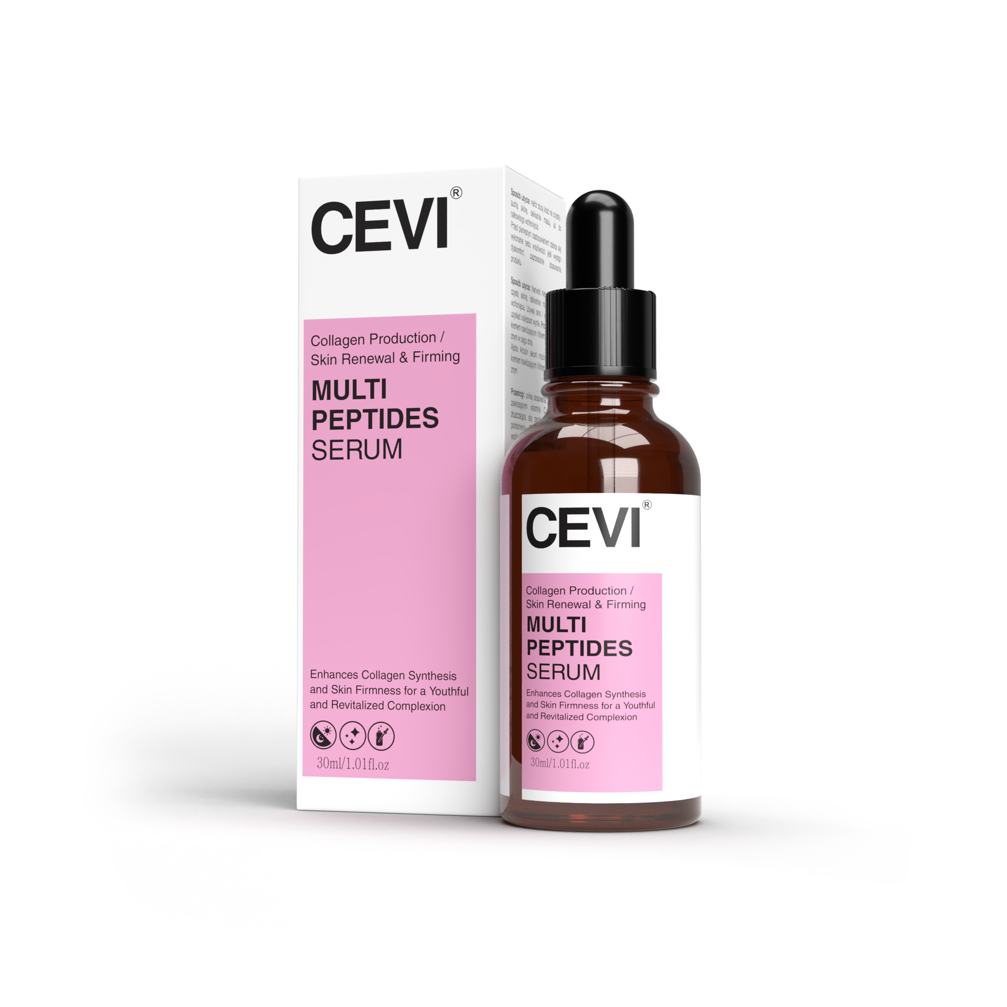 CEVI Multi Peptides Serum bottle with dropper on a white surface, showcasing the sleek packaging