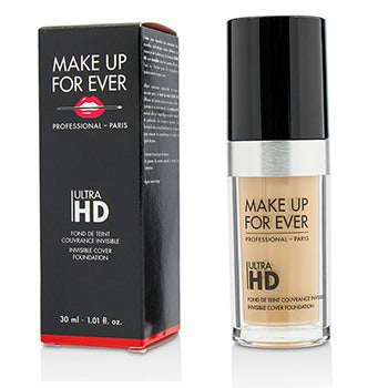 Close-up of Make Up For Ever Ultra HD Foundation packaging with pump dispenser