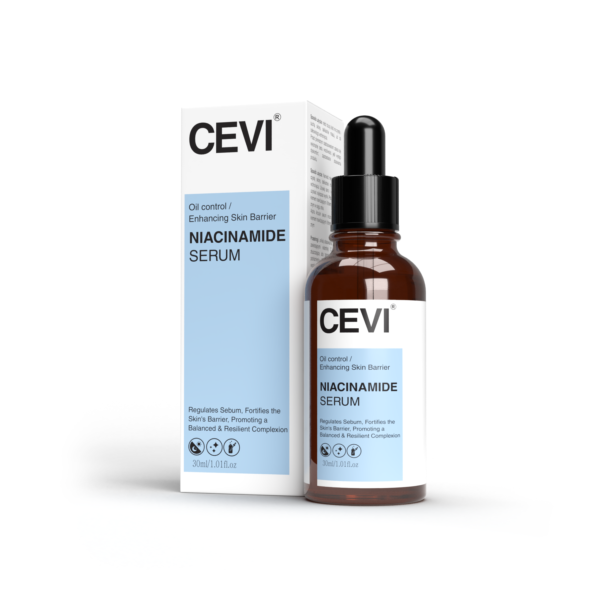 CEVI Niacinamide Serum bottle with a clean, minimalist design on a white surface
