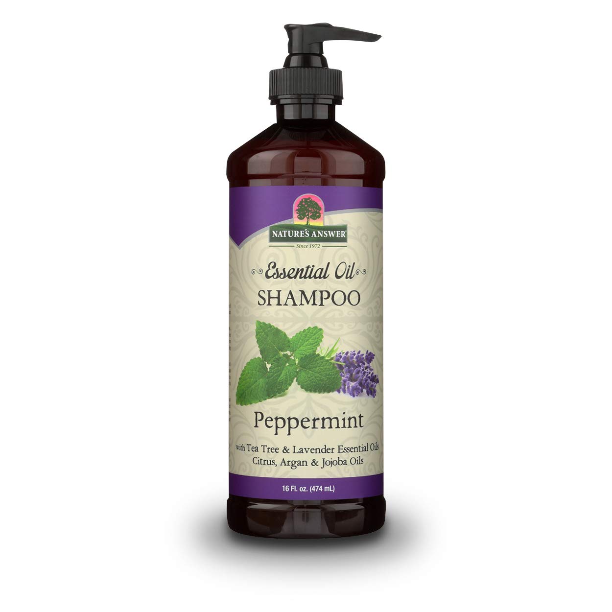 Nature's Answer Peppermint Essential Oil Shampoo in a 474ml bottle with green label and peppermint leaf illustration