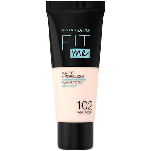 Maybelline Fit Me Matte + Poreless Foundation 102 Fair Ivory bottle with matte finish and pore-minimizing claim