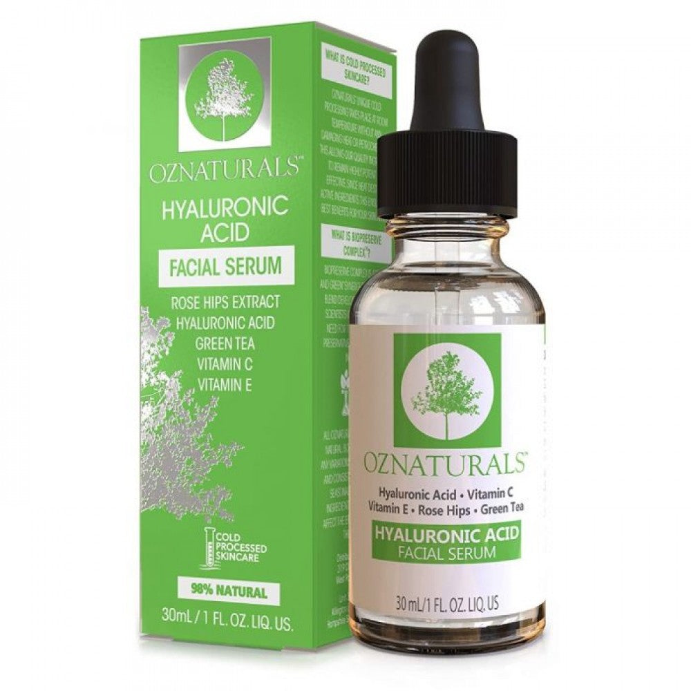 Oz Naturals Hyaluronic Acid Serum with Vitamin C in a 30ml glass bottle with dropper