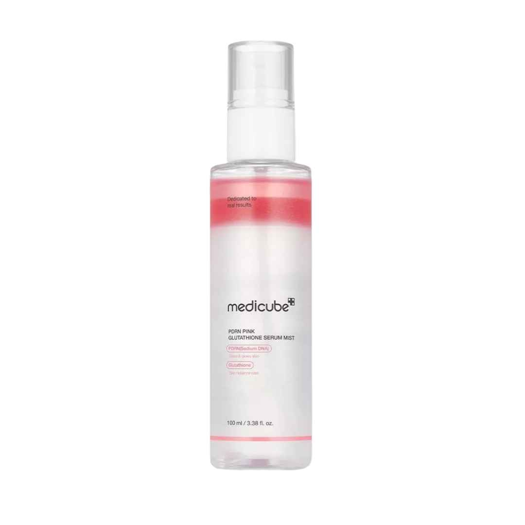 PDRN Pink Glutathione Serum Mist 100 ml bottle on a clean white surface, showcasing the sleek pink packaging