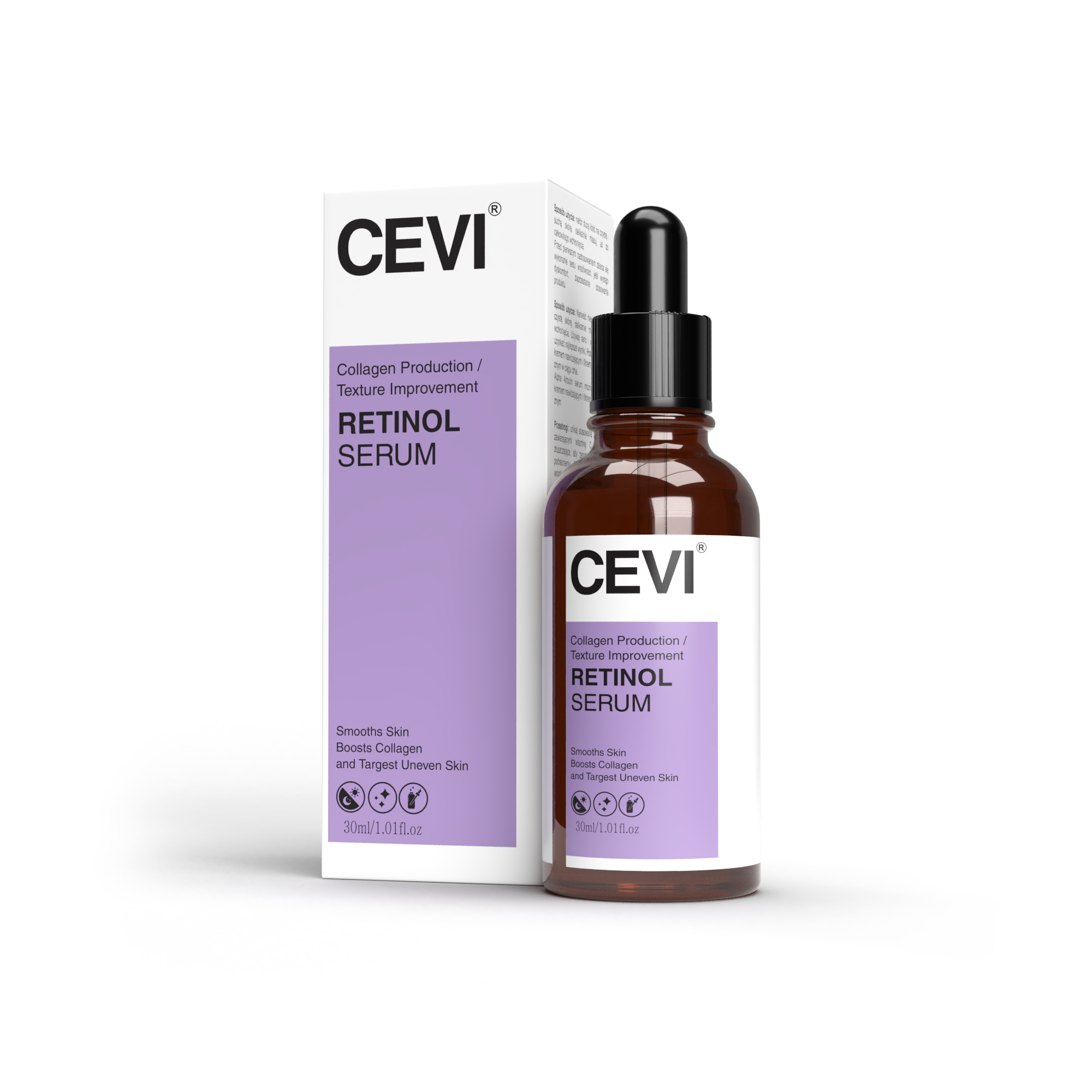 CEVI Retinol Serum in a sleek glass dropper bottle against a minimalist white background