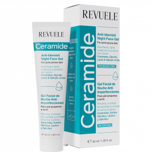 Revuele Ceramide Anti-blemish Night Face Gel in a white and purple tube with 40ml label