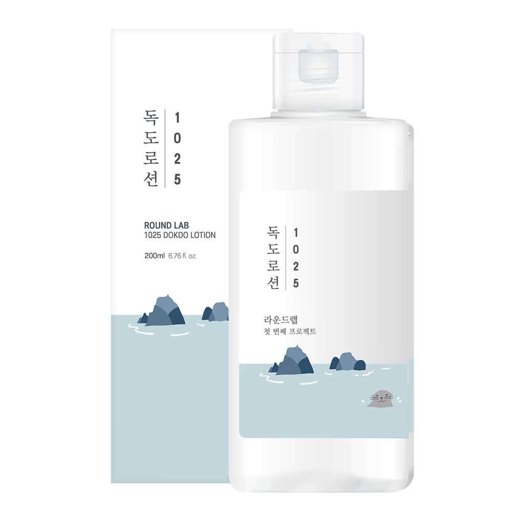 ROUND LAB 1025 Dokdo Lotion 200ml bottle with minimalist design, showing the fluid texture and blue-toned packaging