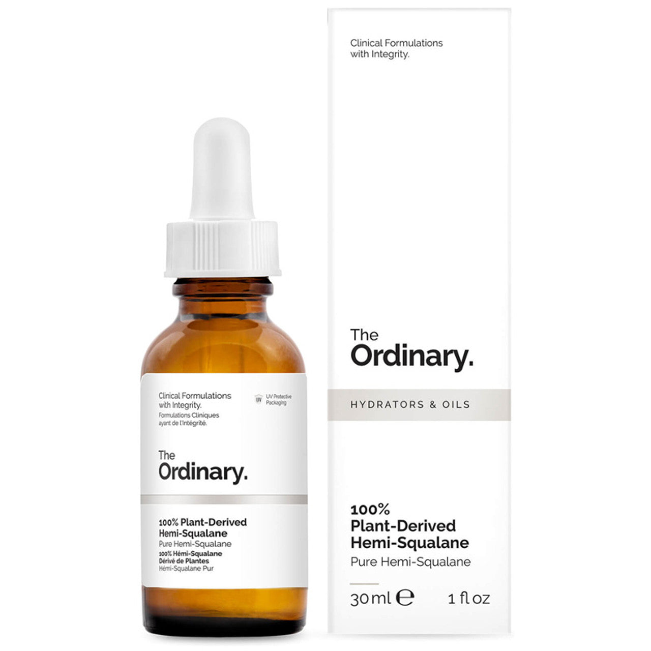 The Ordinary 100% Plant-Derived Hemi-Squalane 30ML bottle with dropper against white background