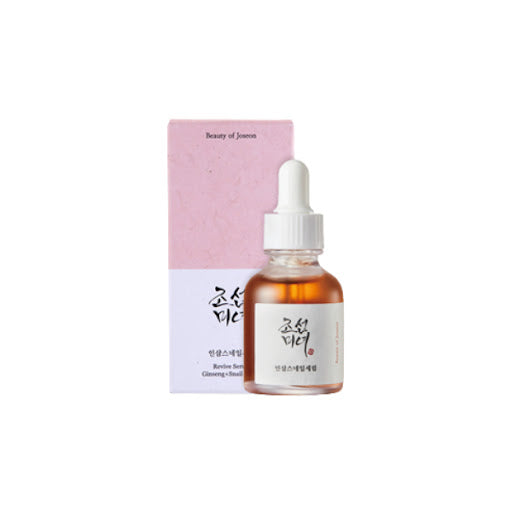 Beauty Of Joseon Ginseng + Snail Mucin Revive Serum 30ml in a white glass bottle with a gold cap.