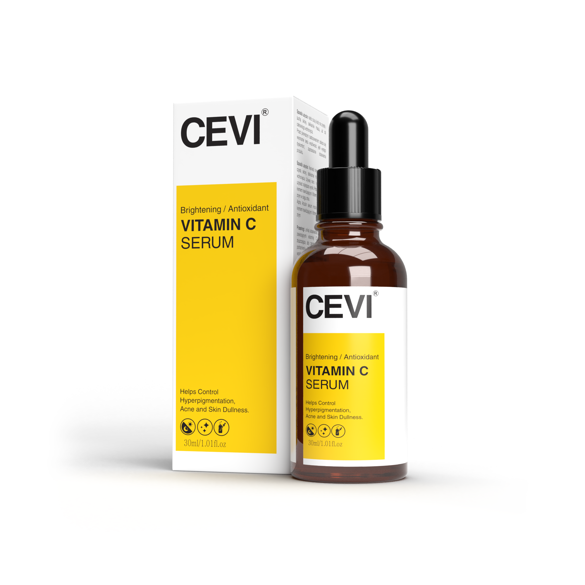 CEVI® Vitamin C Serum in a sleek glass dropper bottle against a white background