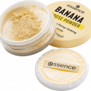 Essence Banana Loose Powder 6G – ultra-fine yellow setting powder in round transparent jar with sponge applicator.