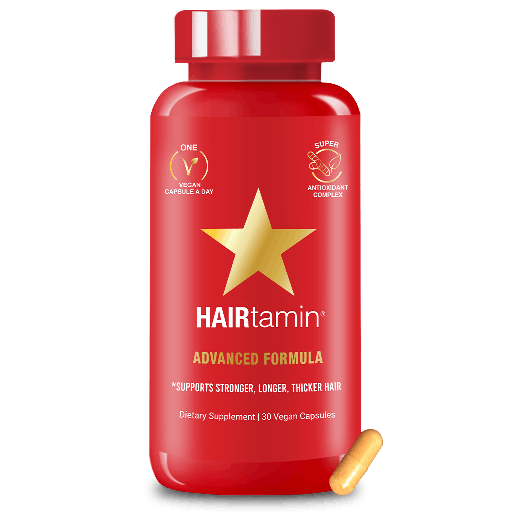 HAIRtamin Vegan Hair Vitamins supplement bottle with capsules for faster hair growth
