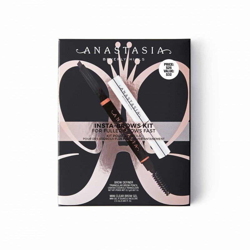 Anastasia Beverly Hills Insta Brows Kit Medium Brown includes a full-size Brow Definer and a mini Clear Brow Gel in a sleek travel package.