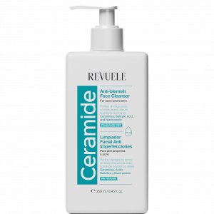 Revuele Ceramide Anti-blemish Face Cleanser in a white bottle with purple accents, 250ml pump dispenser