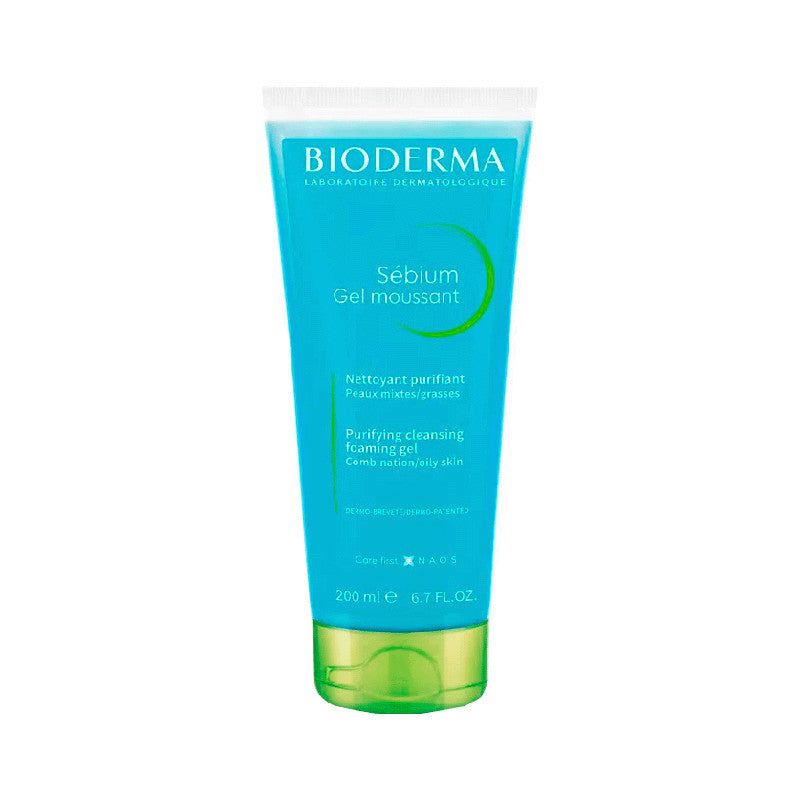 Bioderma Sebium Gel Moussant 200ml bottle front view with blue cap and transparent gel visible