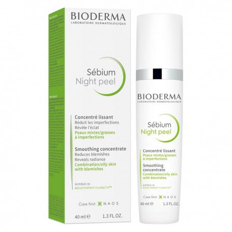 Bioderma Sebium Night Peel gel in a white tube with blue accents, 40ml size for combination to oily skin