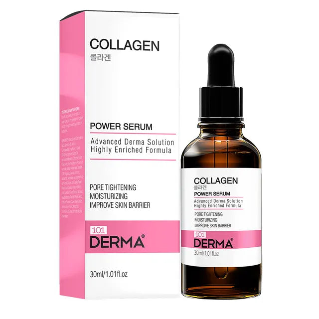 101 Derma Collagen Power Serum in a white and gold bottle with dropper, 30 ml size