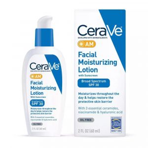 CeraVe AM Facial Moisturizing Lotion with Sunscreen SPF30 60ml white tube on neutral background