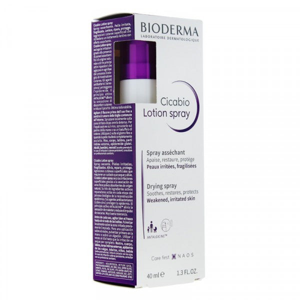 Bioderma Cicabio Desiccant Lotion Spray 40ml bottle with white cap and blue label on a clean background