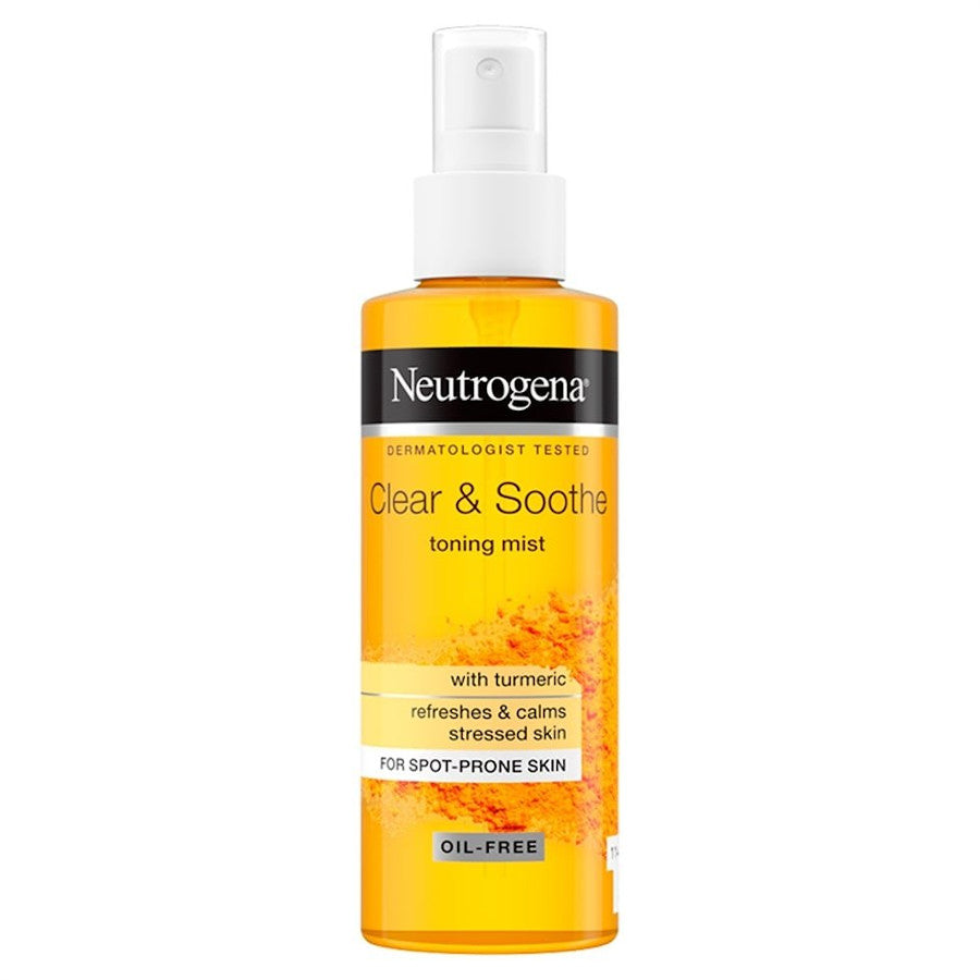 Neutrogena Clear & Soothe Toning Mist 125ML bottle on white background, front view showing blue label and pump