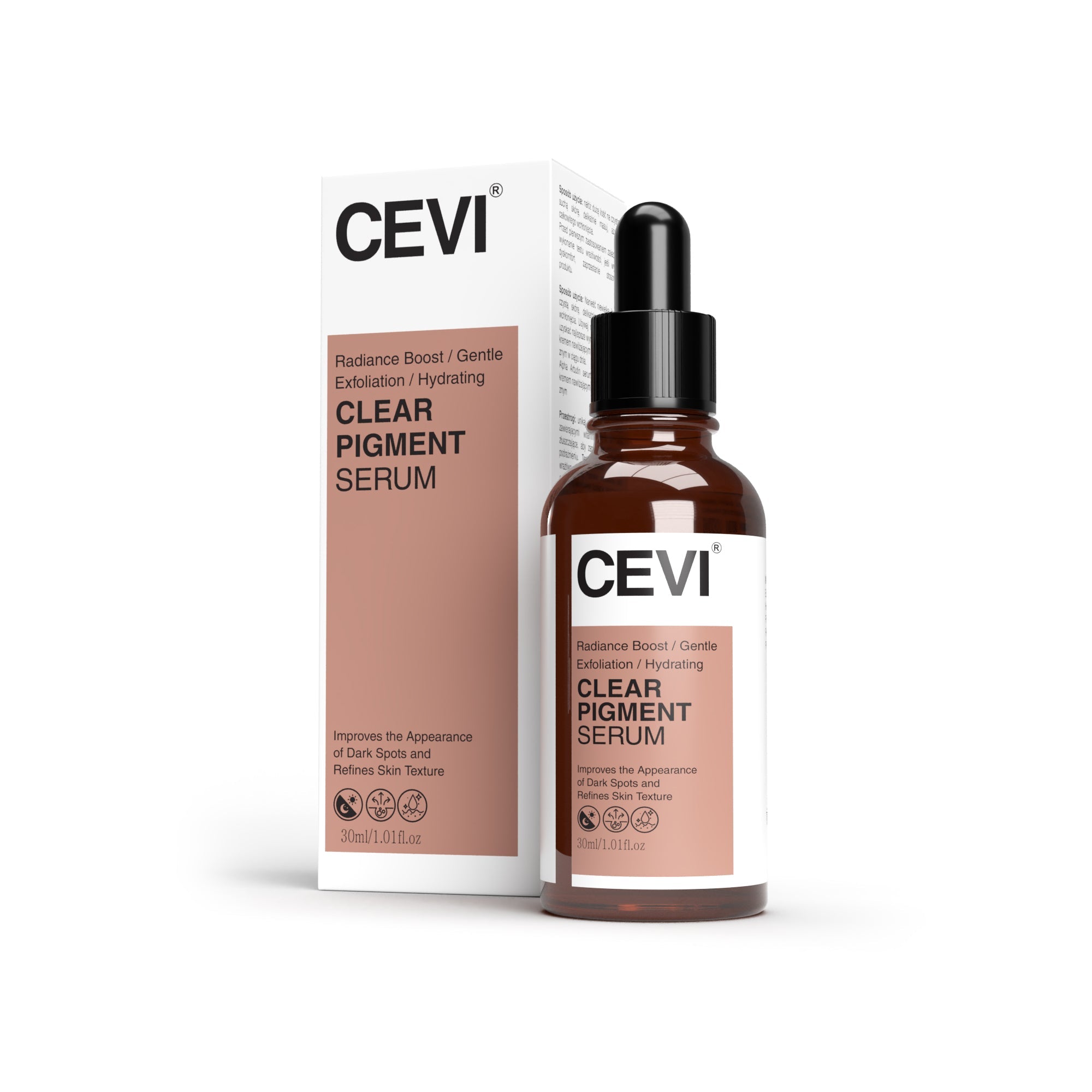 CEVI Clear Pigment Serum bottle on white background, highlighting the minimalist packaging and dropper applicator