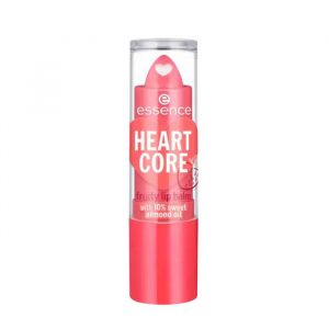essence Heart Core Fruity Lip Balm in Sweet Strawberry with visible heart-shaped core and glossy finish