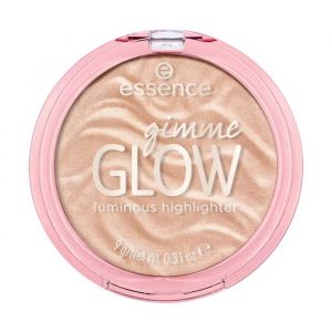 essence Gimme Glow powder highlighter in Glowy Champagne, a champagne-toned shimmer in a round compact