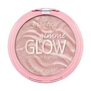 essence Powder Highlighter Gimme Glow in shade Lovely Rose, compact with mirror, pink-gold sheen