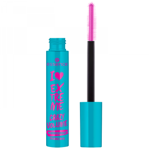 Essence I Love Extreme Crazy Volume Mascara in pink tube with black lettering, featuring oversized brush for dramatic lashes