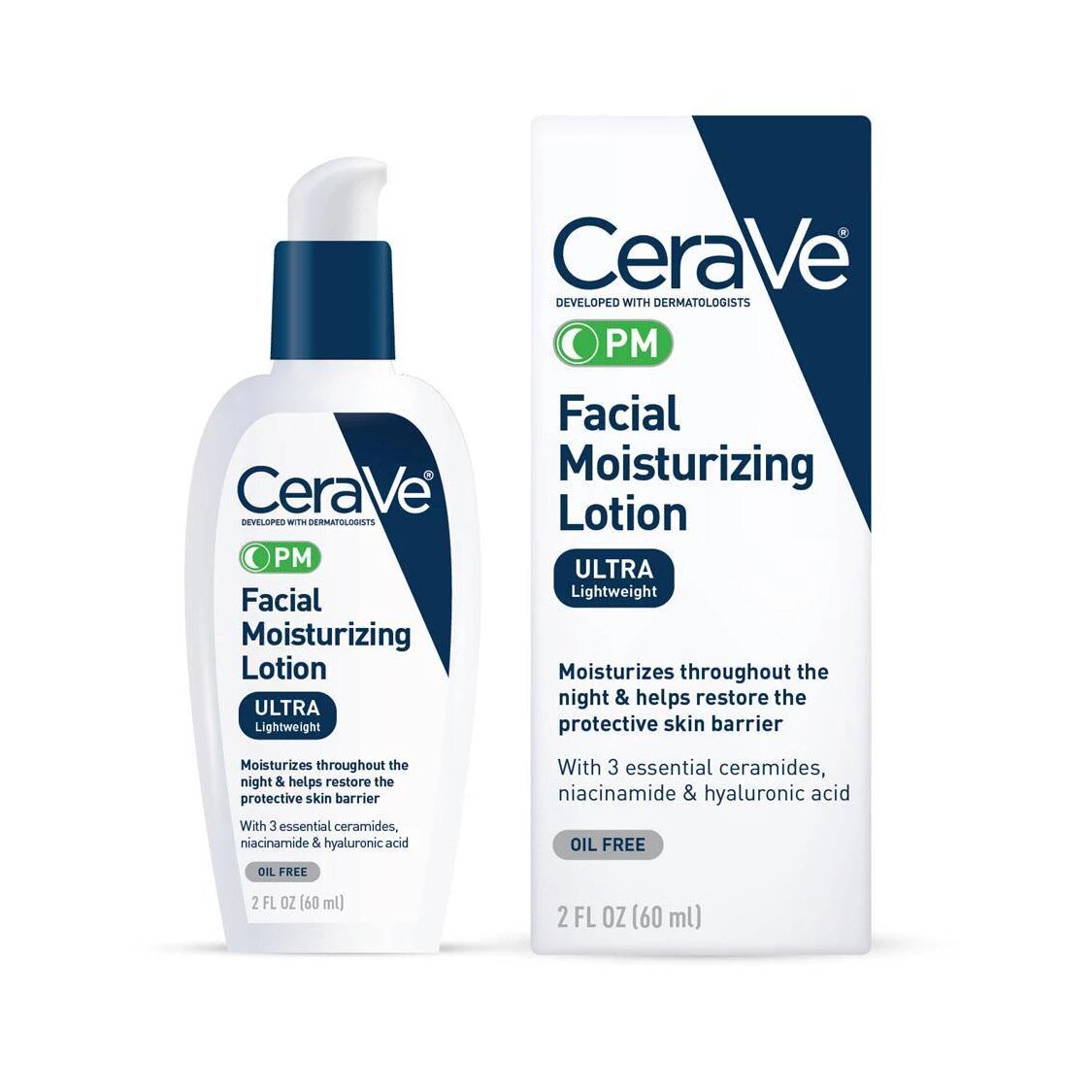 CeraVe PM Facial Moisturizing Lotion 60ML bottle with pump dispenser on white background