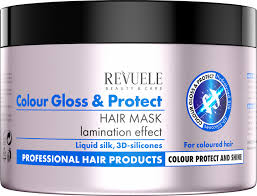 REVUELE Color Gloss & Protect Mask for colored hair, 500 ml white tub with gold and teal design