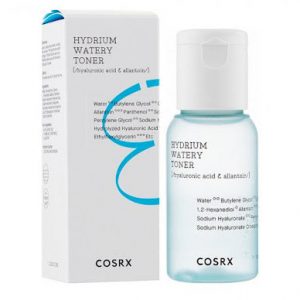 Cosrx Hydrium Watery Toner 50ml bottle with minimalist white packaging, shown against a clean background