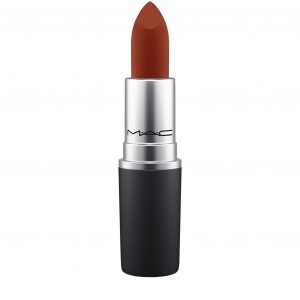 MAC Powder Kiss Lipstick in Marrakesh-Mere, 3g tube with burgundy packaging