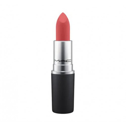 MAC Powder Kiss Lipstick in Stay Curious shade, full-size bullet with cap off, showing a soft rose colour