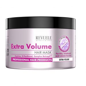Revuele Extra Volume Hair Mask 500Ml jar on marble surface with soft lighting showing creamy texture