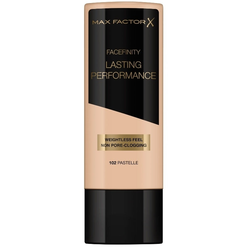 Max Factor Lasting Performance Foundation 35ml in shade No.102 Pastelle, front view of sleek white tube with silver cap