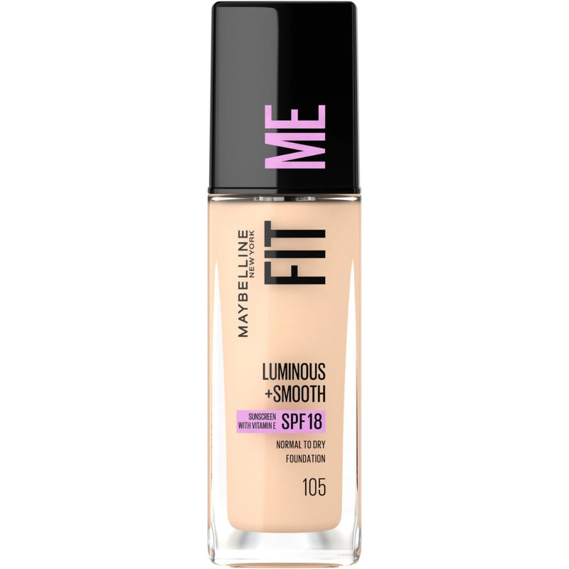 Maybelline Fit Me Luminous Smooth Foundation pump bottle in shade Natural Ivory on clean white background