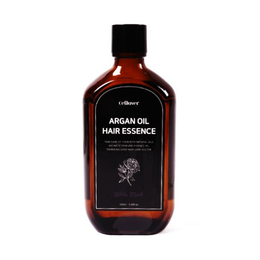 Celluver Argan Oil Hair Essence White Musk 100ML bottle on white background, showcasing sleek design and product name.