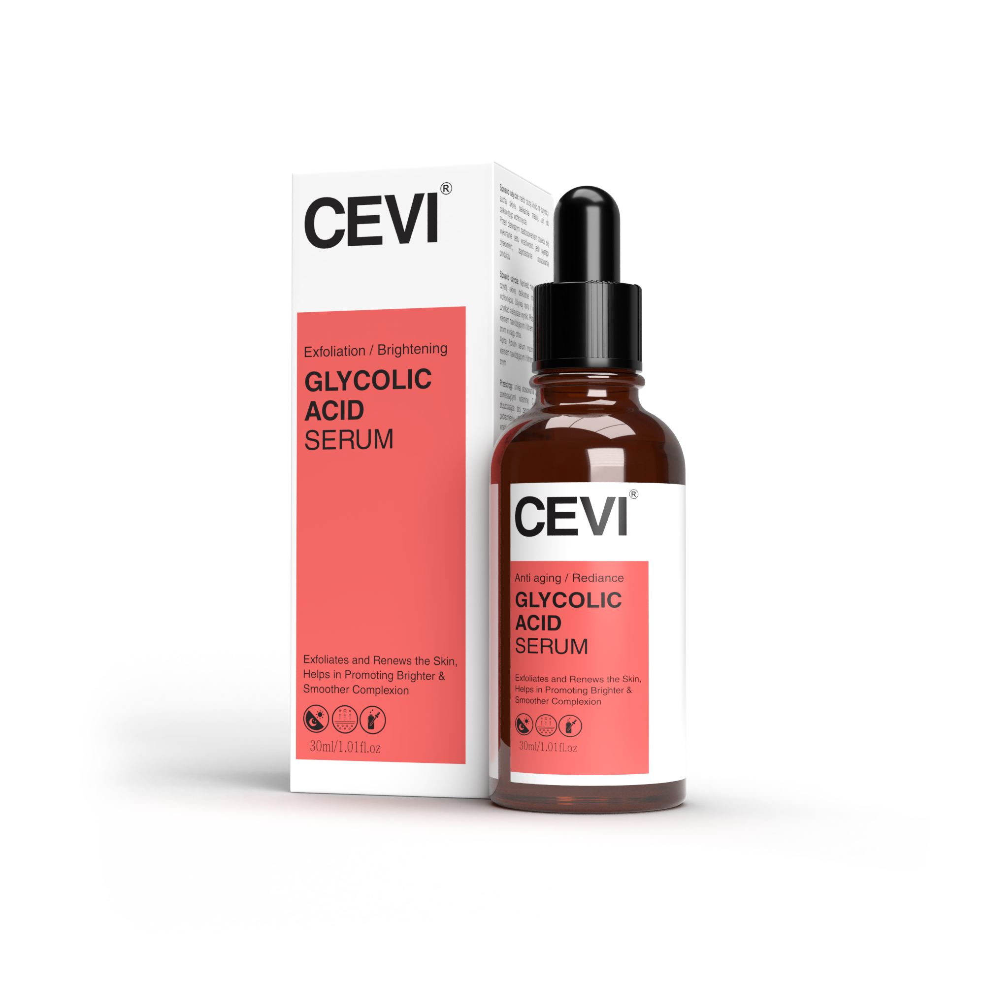 CEVI® Glycolic Acid Serum in a sleek glass bottle with dropper