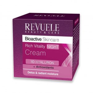 Revuele Rich Vitality Night Cream 50Ml jar on a marble surface, gold lid reflecting soft light