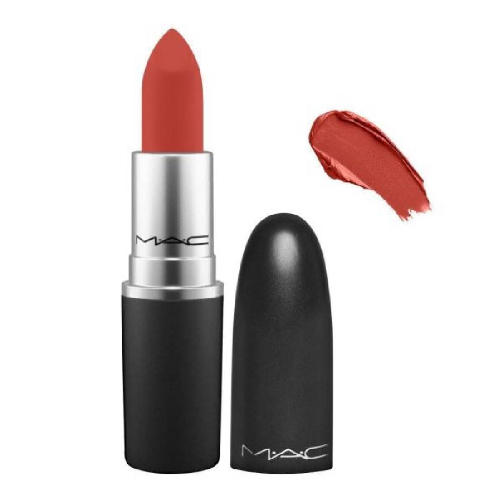 MAC Powder Kiss Lipstick in Devoted to Chilli, 3g bullet in warm brick-red shade