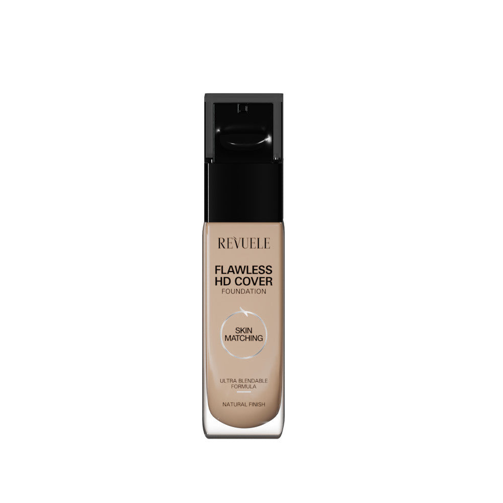 Revuele Flawless HD Cover Foundation in 01 Ivory with a pump, against a clean white background