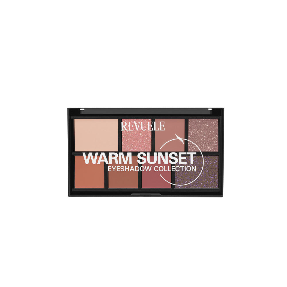 Revuele Eyeshadow Collection Warm Sunset palette with warm-toned matte and shimmer pans