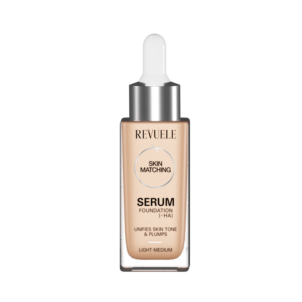 Revuele Serum Foundation + HA Light/Medium bottle with dropper on white background