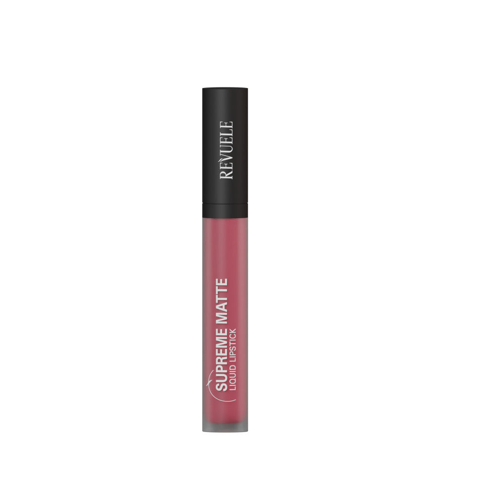 Revuele Supreme Matte Liquid Lipstick in shade 05 with a sleek black tube and applicator, showing the rich berry hue