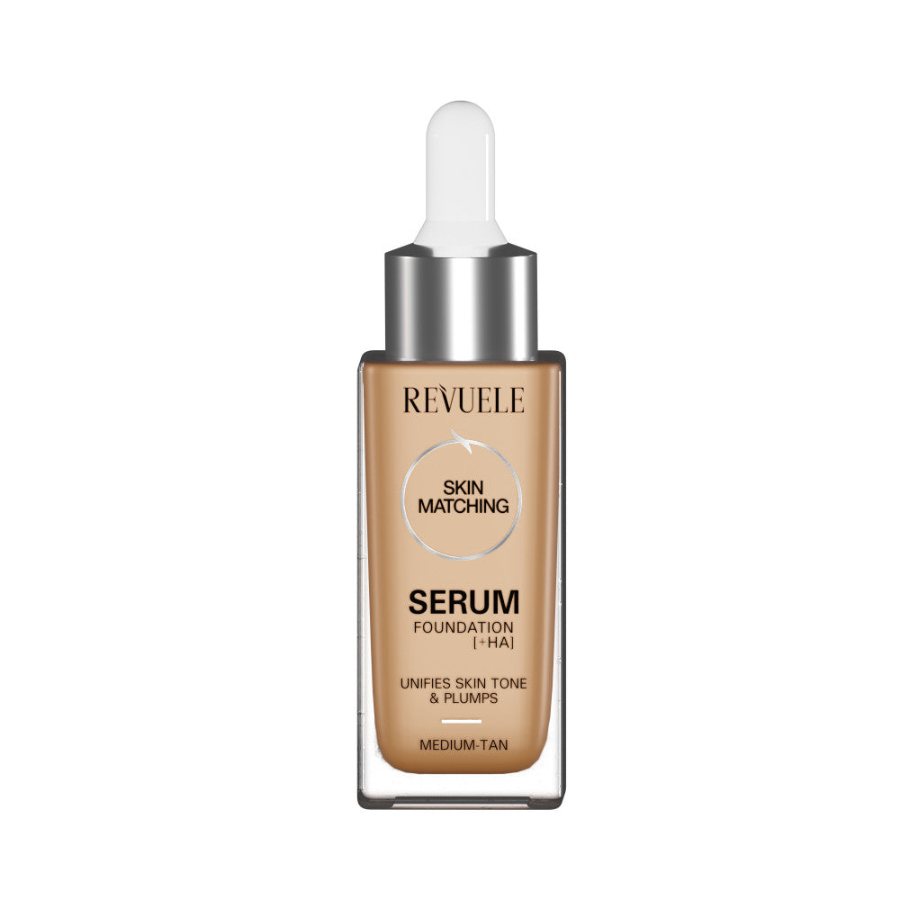 Revuele Serum Foundation + HA in Medium/Tan shade, lightweight texture for dewy finish
