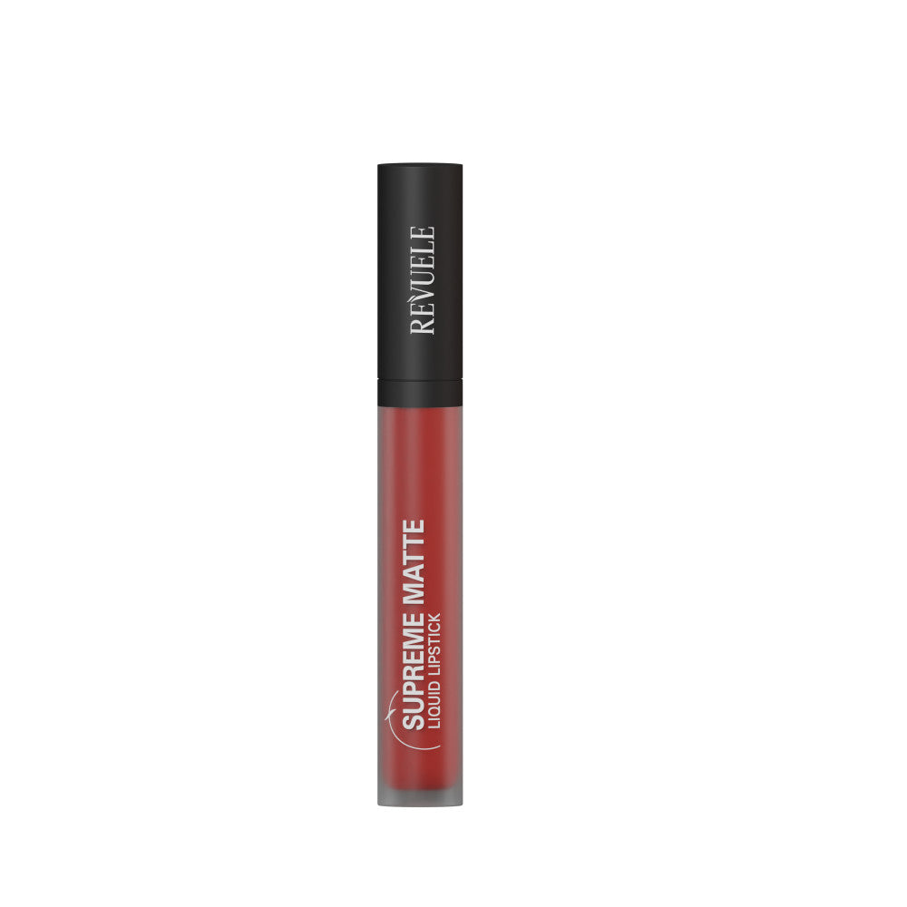 Revuele Supreme Matte Liquid Lipstick in shade 03, a rich mauve-pink with a smooth matte finish, shown in sleek black packaging