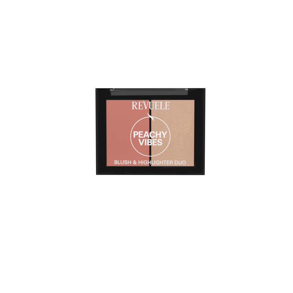 Revuele Blush and Highlighter Duo in Peachy Vibes with compact and applicator