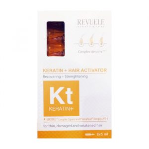 Revuele Keratin+ Hair Restoration Activator ampoules — 8 individual 5ml doses in a glossy white and gold box